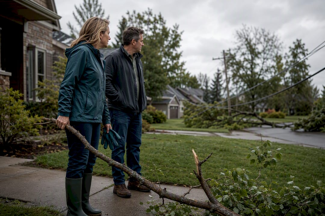 Homeowners inspecting storm hazards safely