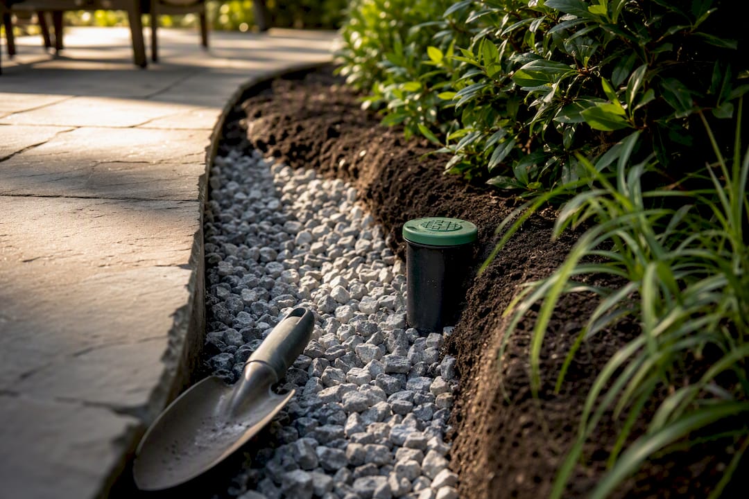 French drain inspection port beside patio