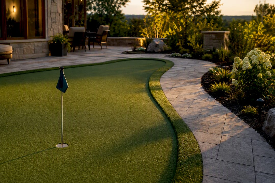 Putting green integrated with patio landscaping
