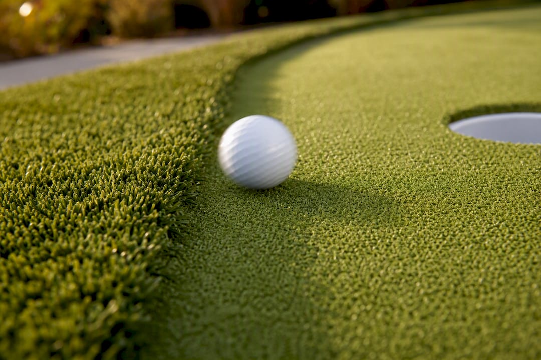 Golf ball on backyard putting turf