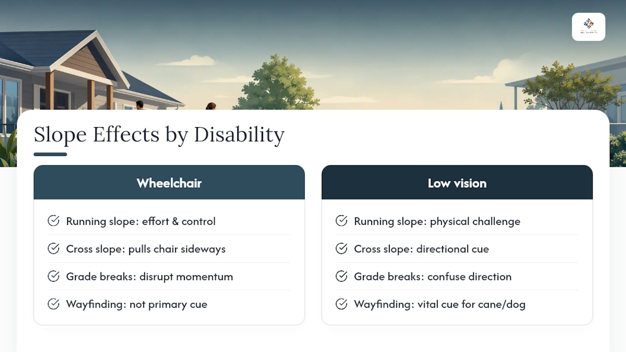 Why Slope Limits Matter Differently for Different Disabilities — overview diagram