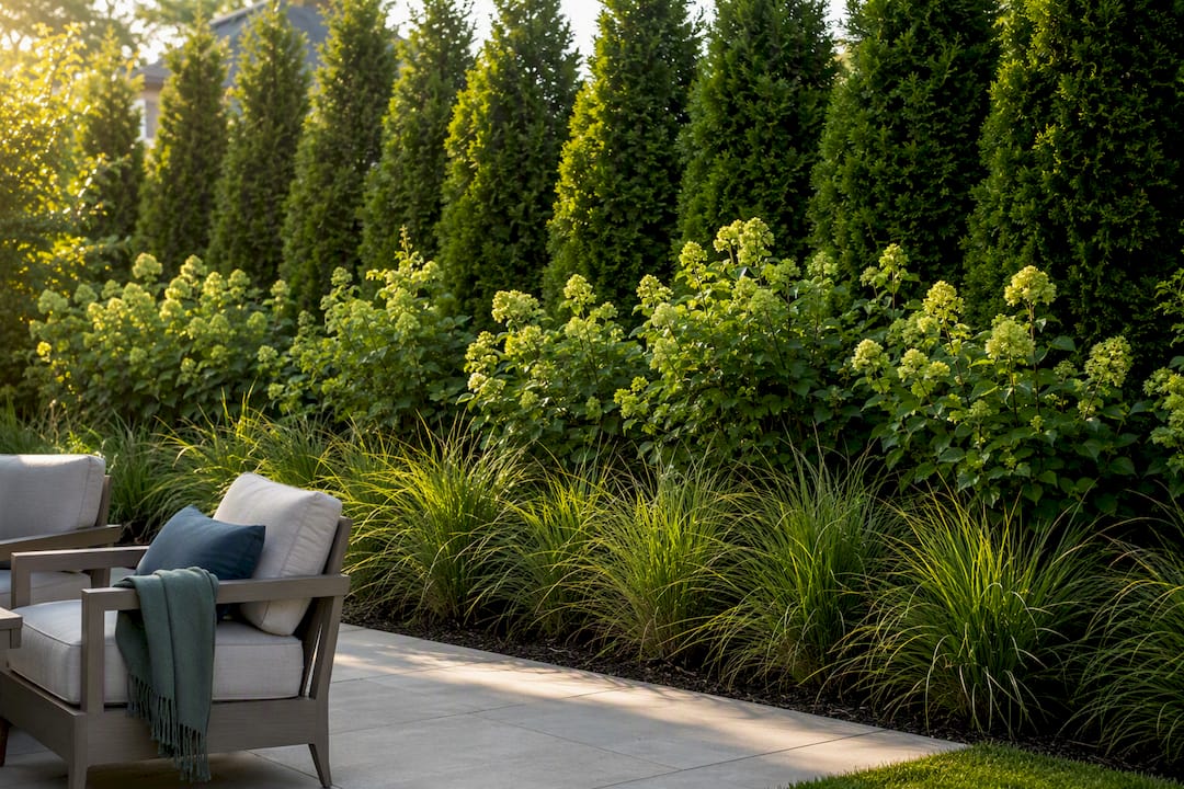 Layered evergreen shrubs and ornamental grasses