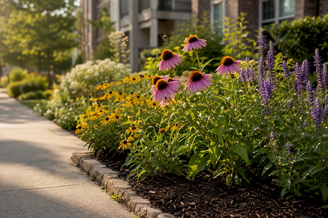 Native pollinator plants beside apartment walkway