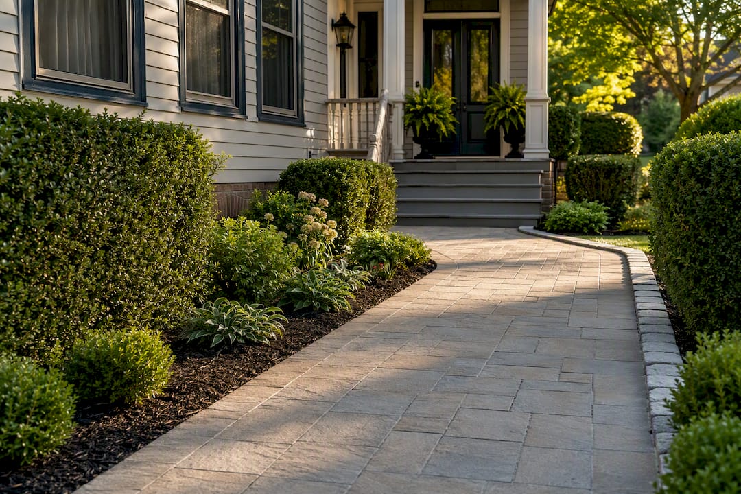 Paver walkway with scaled foundation plantings