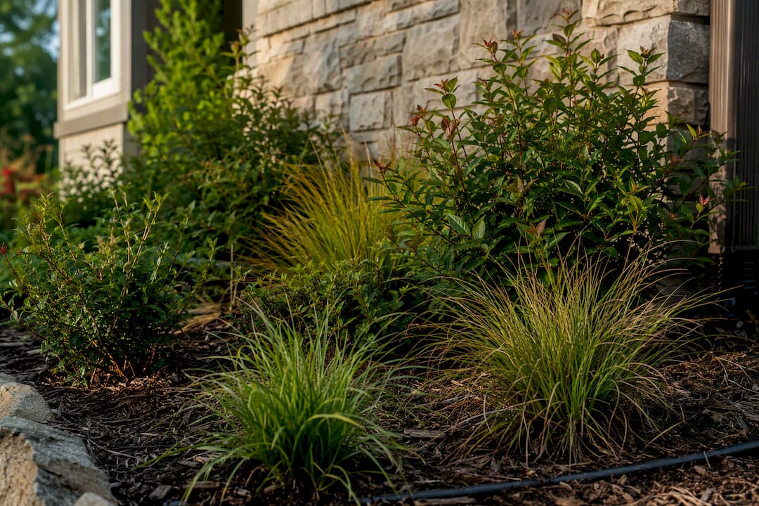 Native plants in a landscaped foundation bed