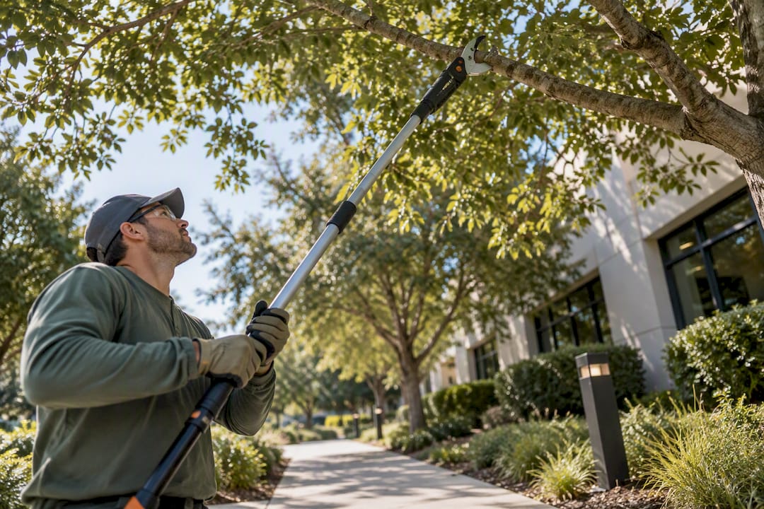 Crew member pruning branches above commercial walkway