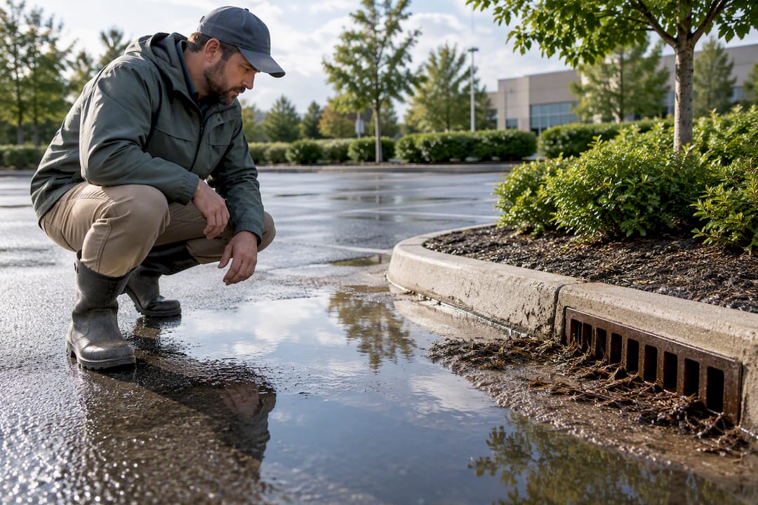 Standing water and sediment at commercial catch basin