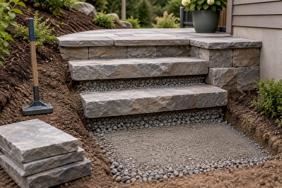 Compacted subgrade beneath outdoor stone steps