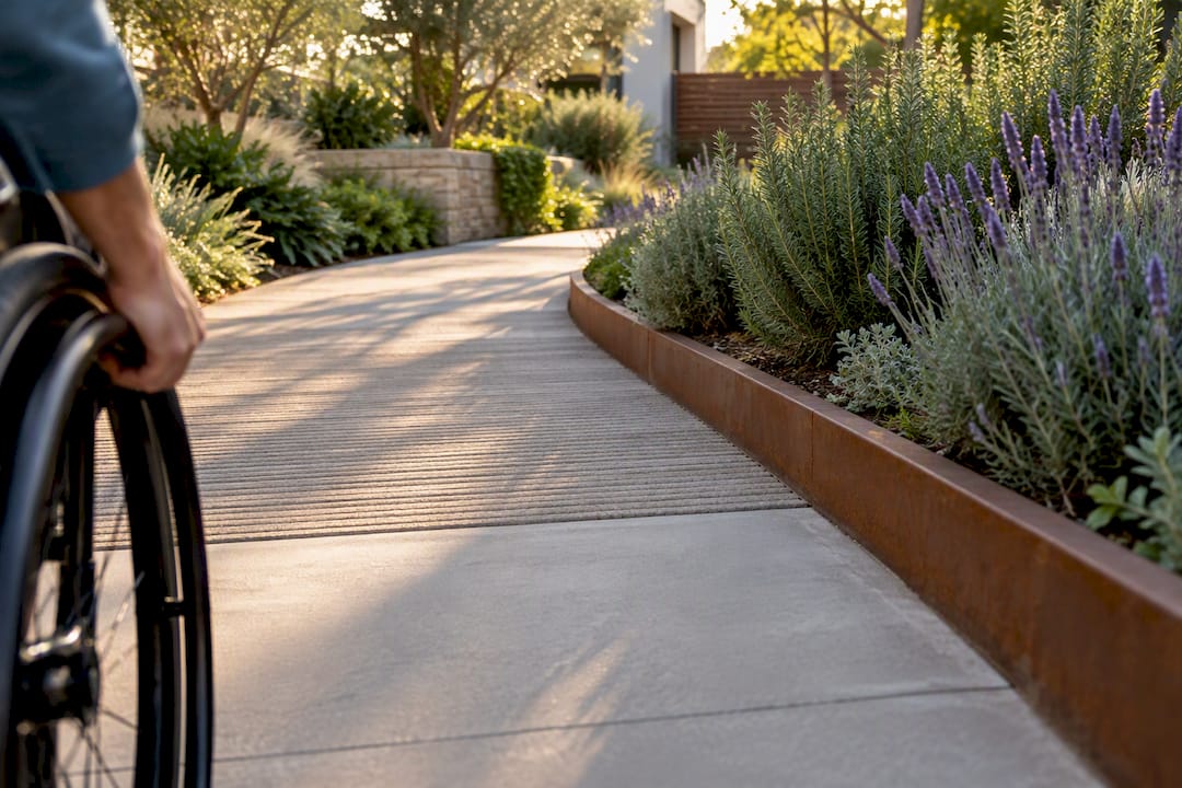 Tactile paving beside fragrant accessible plantings