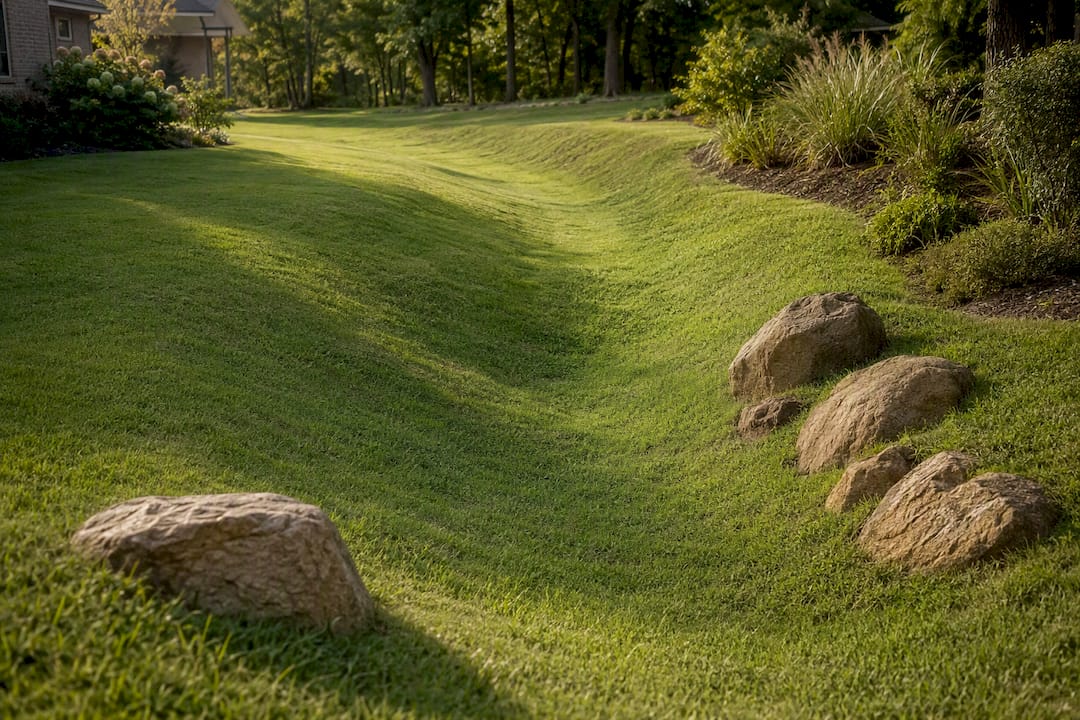 Curved grass swale with bank boulders