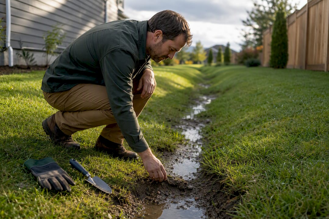 Homeowner inspecting swale erosion and sediment