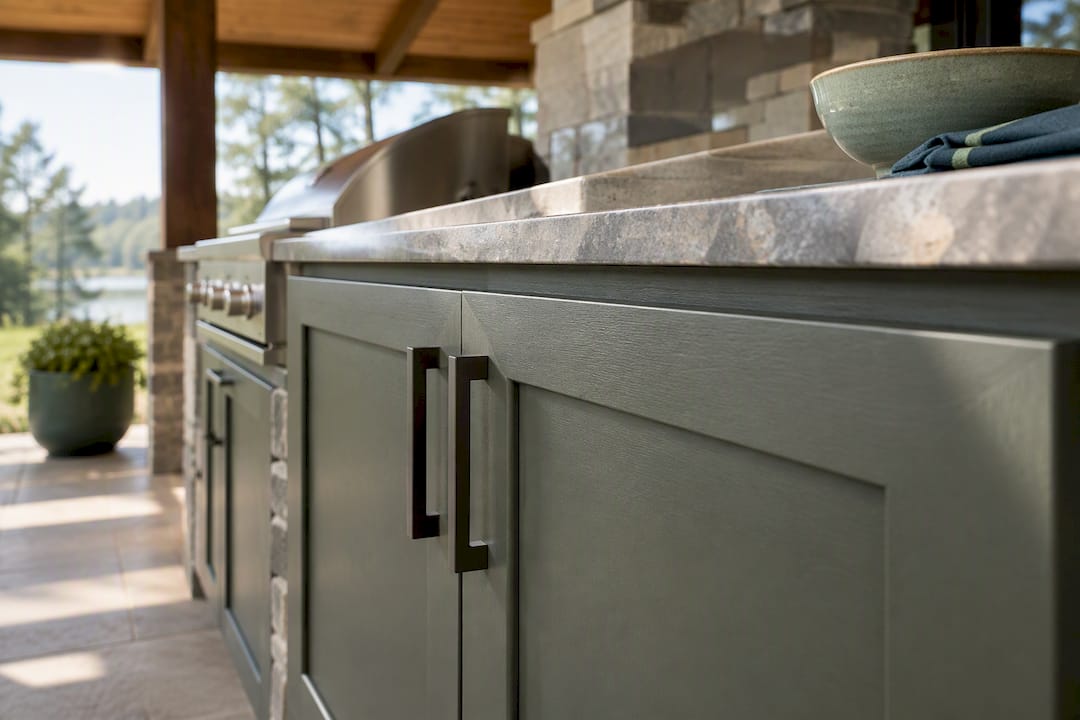 Durable outdoor kitchen cabinet panel detail