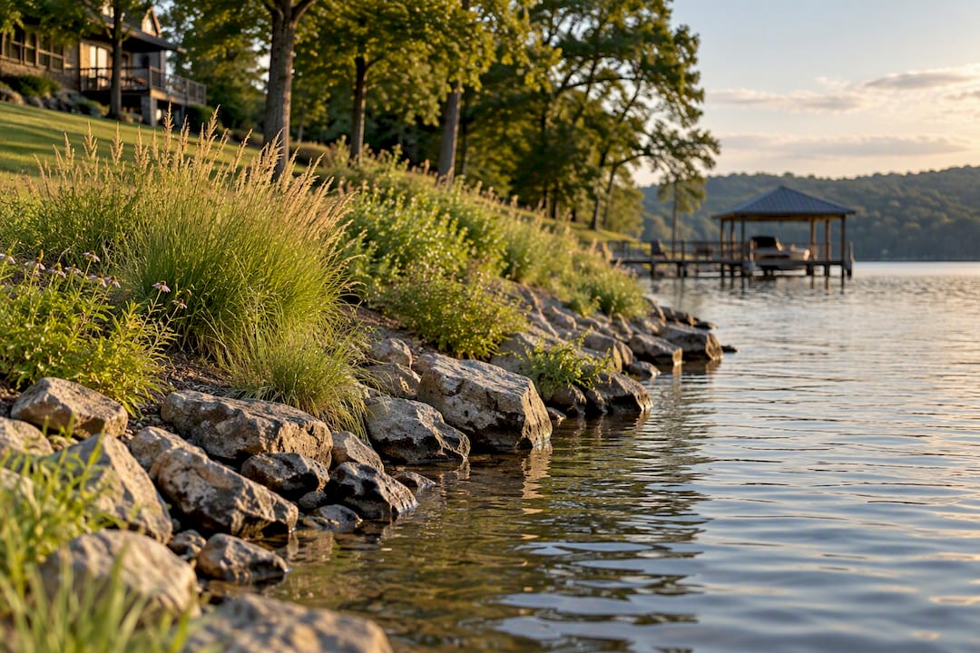 Graded lake shoreline with riprap and grasses