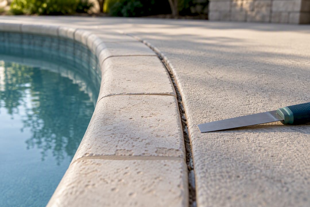 Pool coping separation beside settled concrete