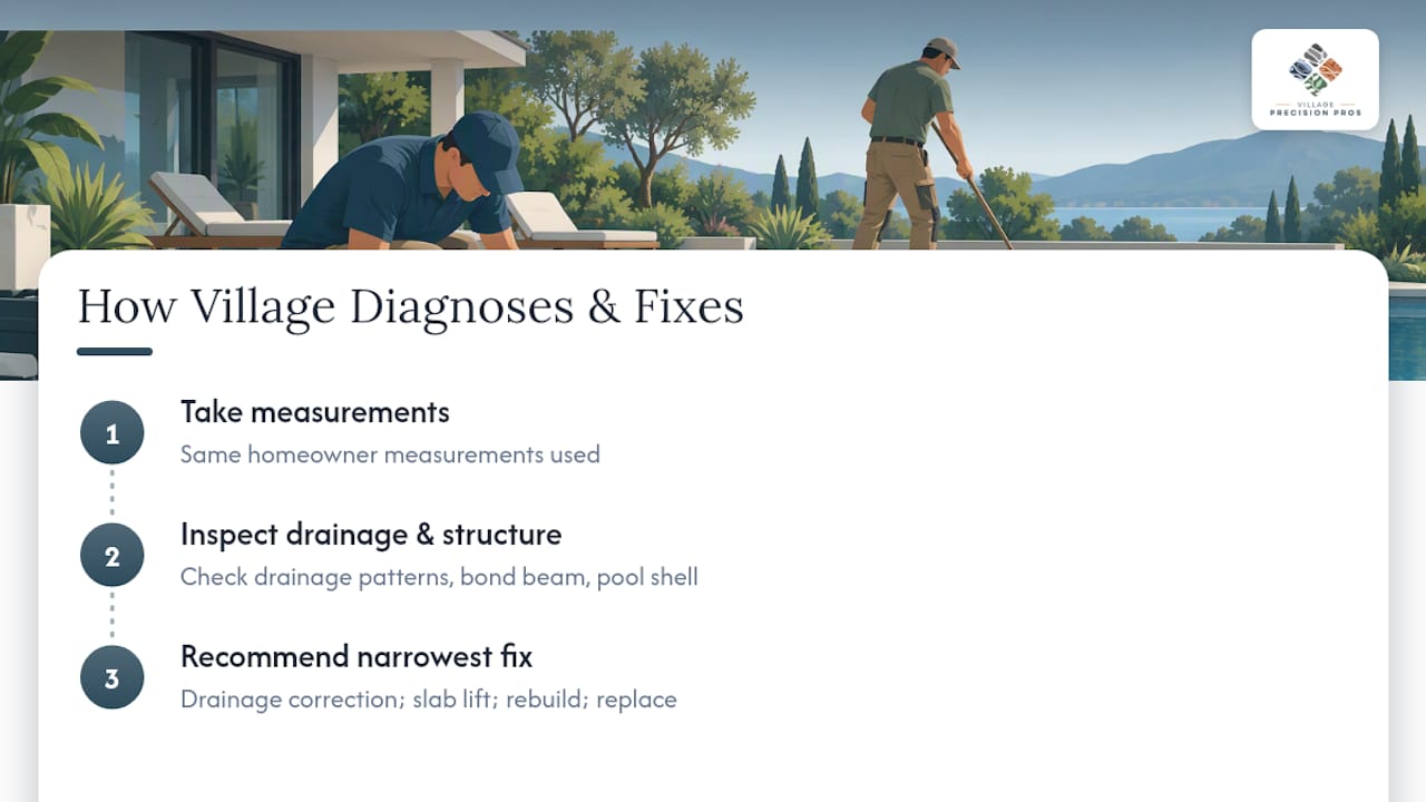 How Village Precision Pros diagnoses and fixes pool deck settling: overview diagram