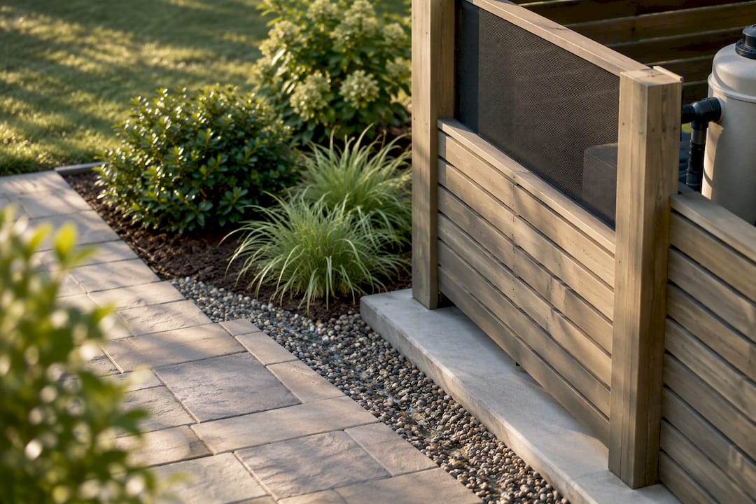 Graded drainage beside screened pool equipment