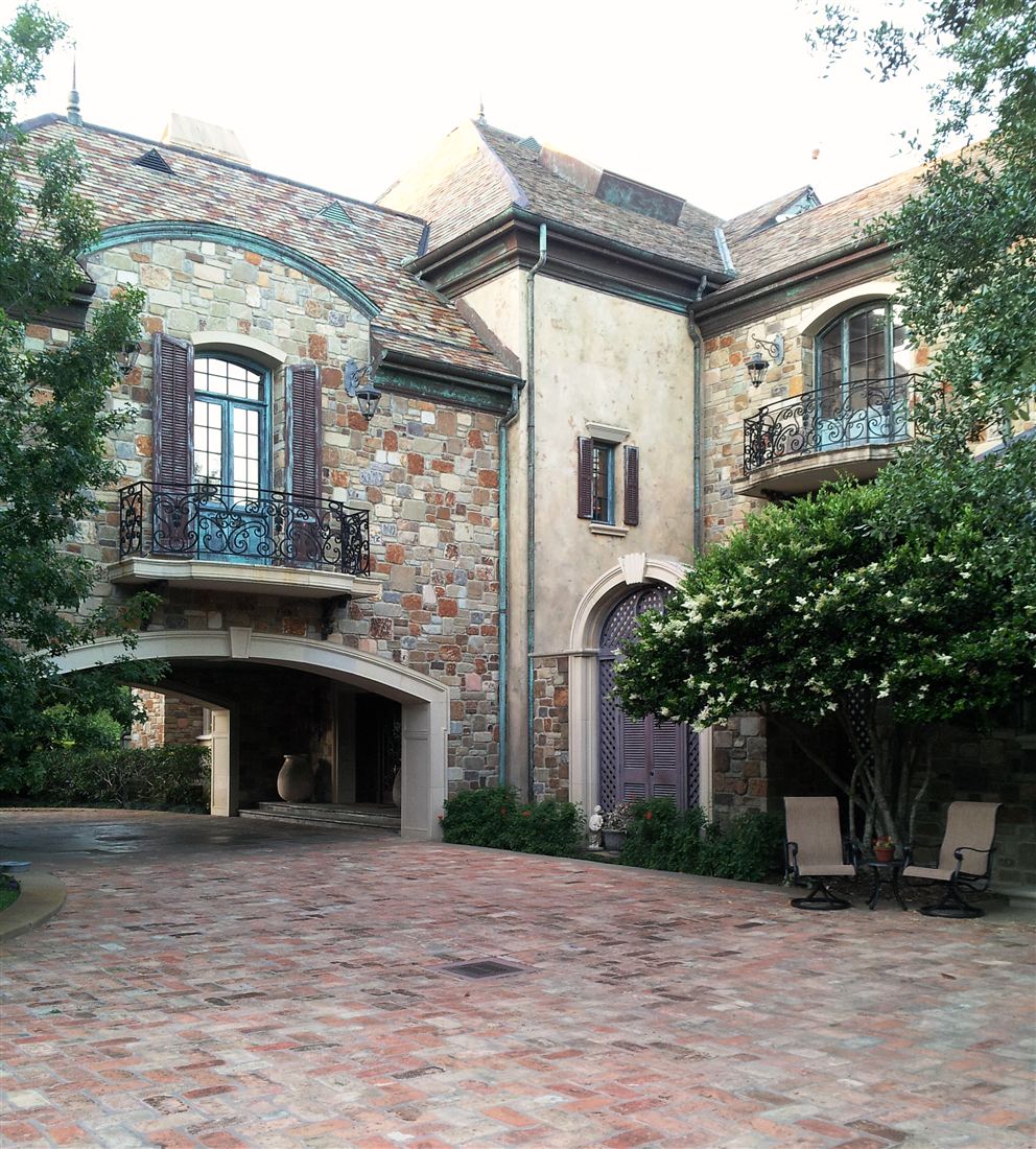 Courtyard, paver drive and stone walls