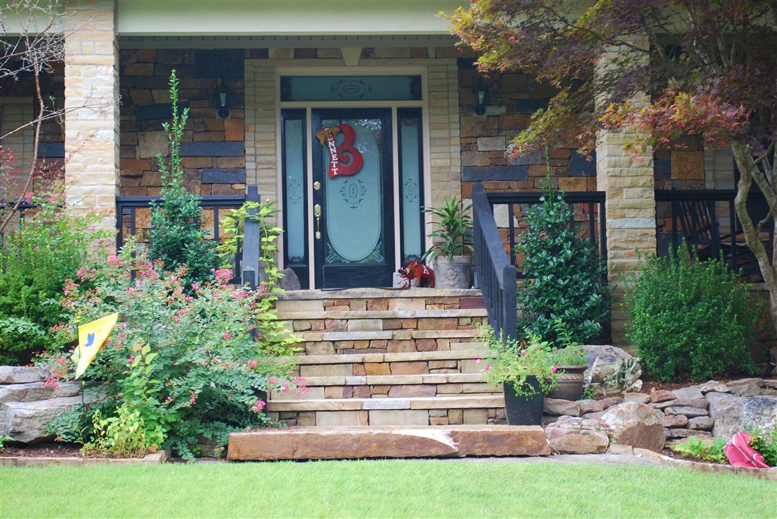 Entry steps, stacked ledge stone with a slab tread