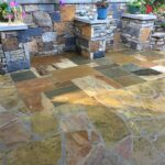Flagstone patio, stone planters and outdoor kitchen