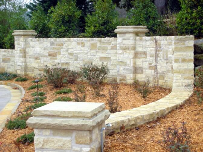 Limestone wall and pillars, dry-stack, cut cap