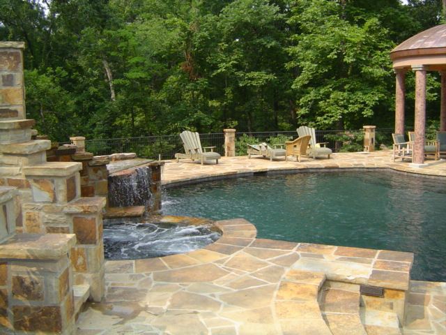 Pool, flagstone deck and raised spa