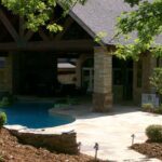 Pool, waterfall and timber pavilion