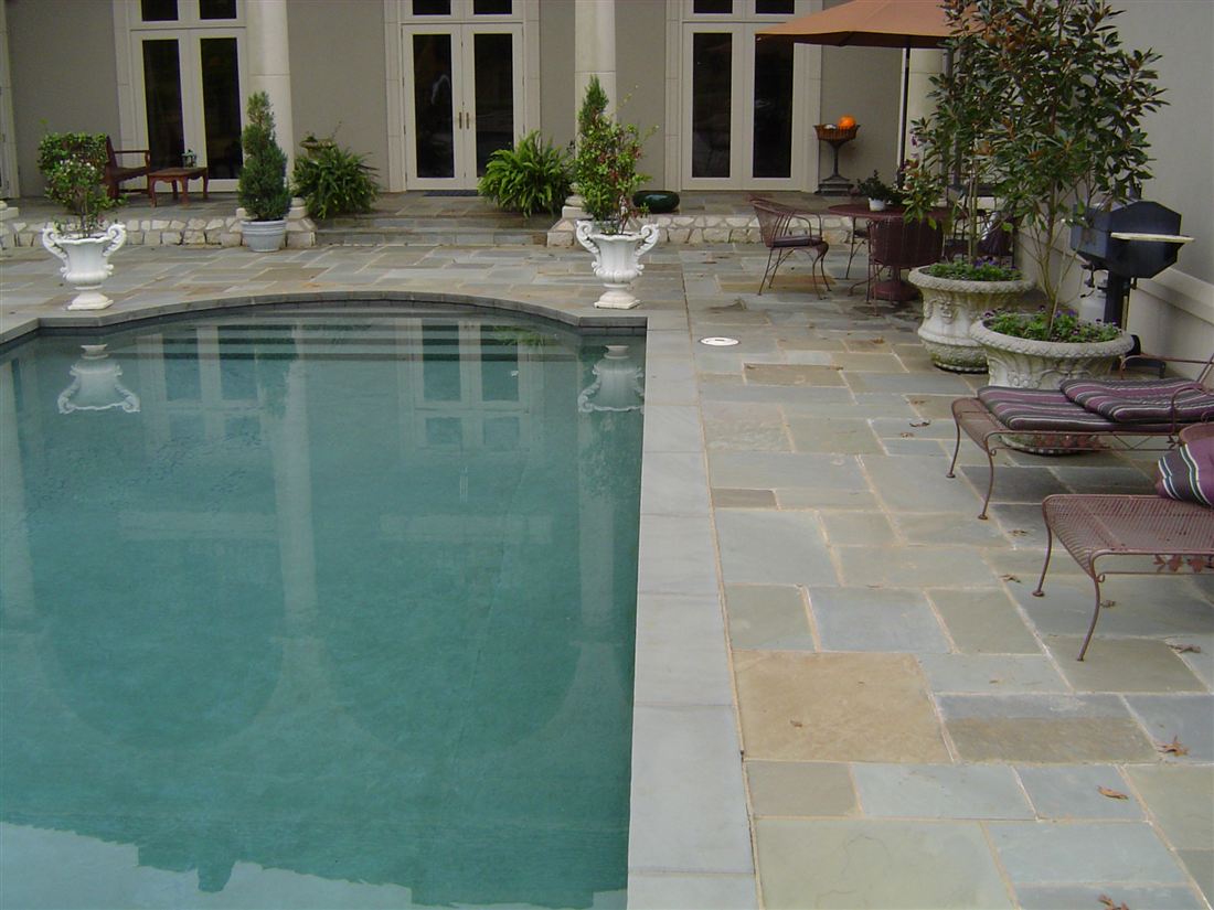 Pool deck, bluestone with urns