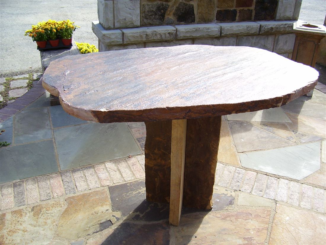 Slab table, on a flagstone patio