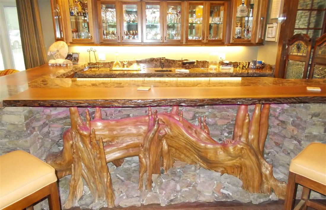 Stone bar, ledge stone with a live-edge top