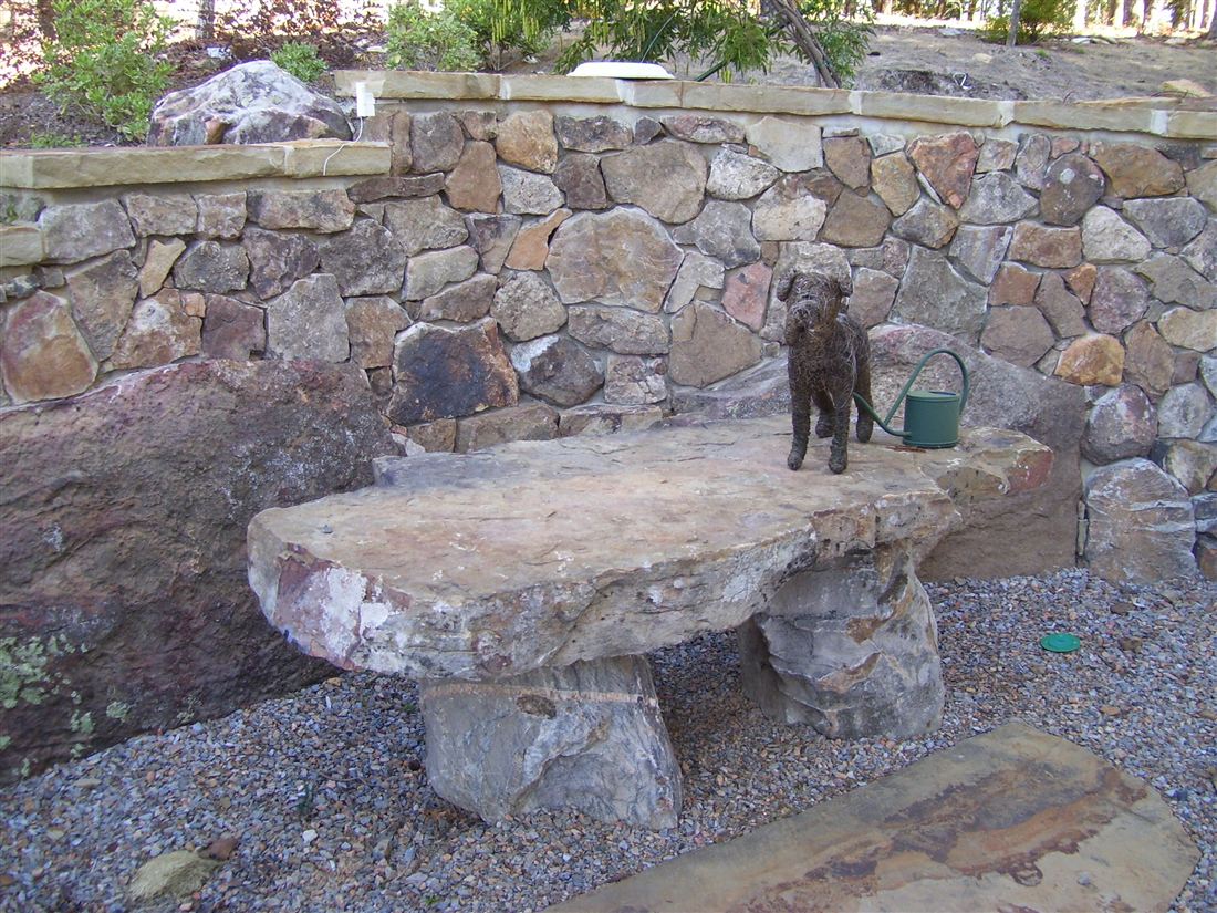 Stone bench, with a dog