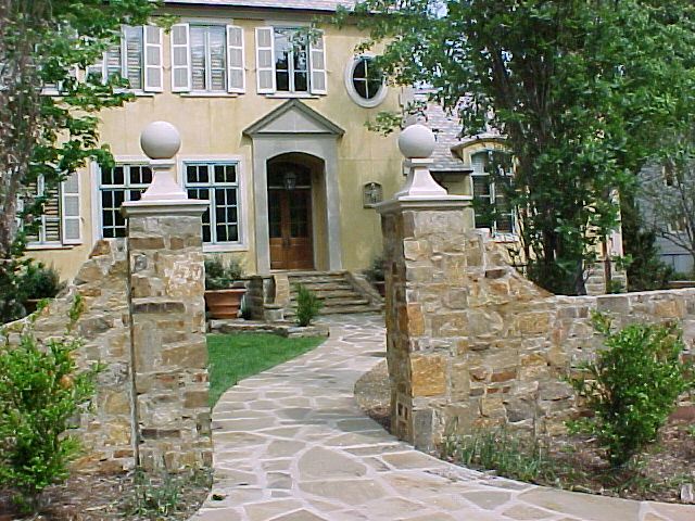 Stone pillars, flagstone walk