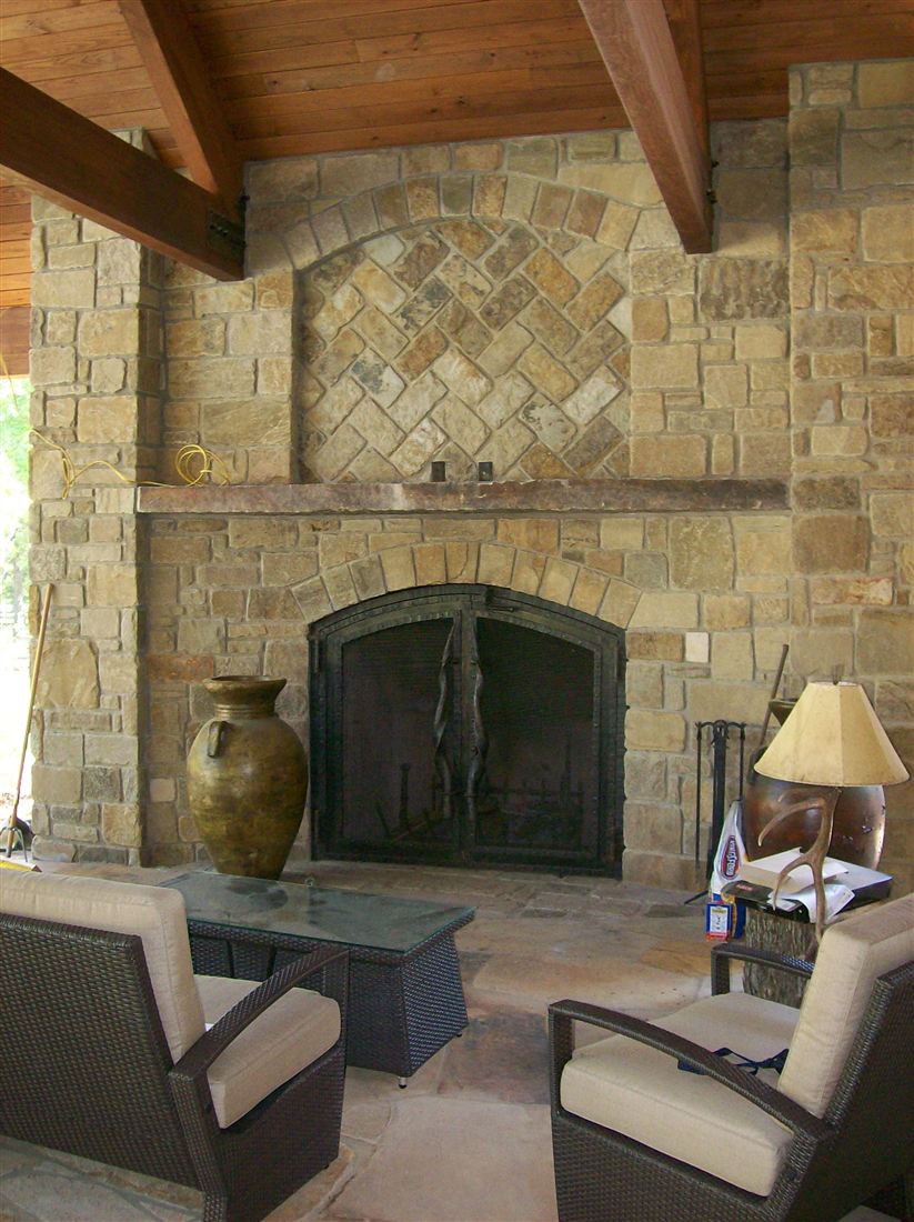 The fireplace, herringbone firebox panels