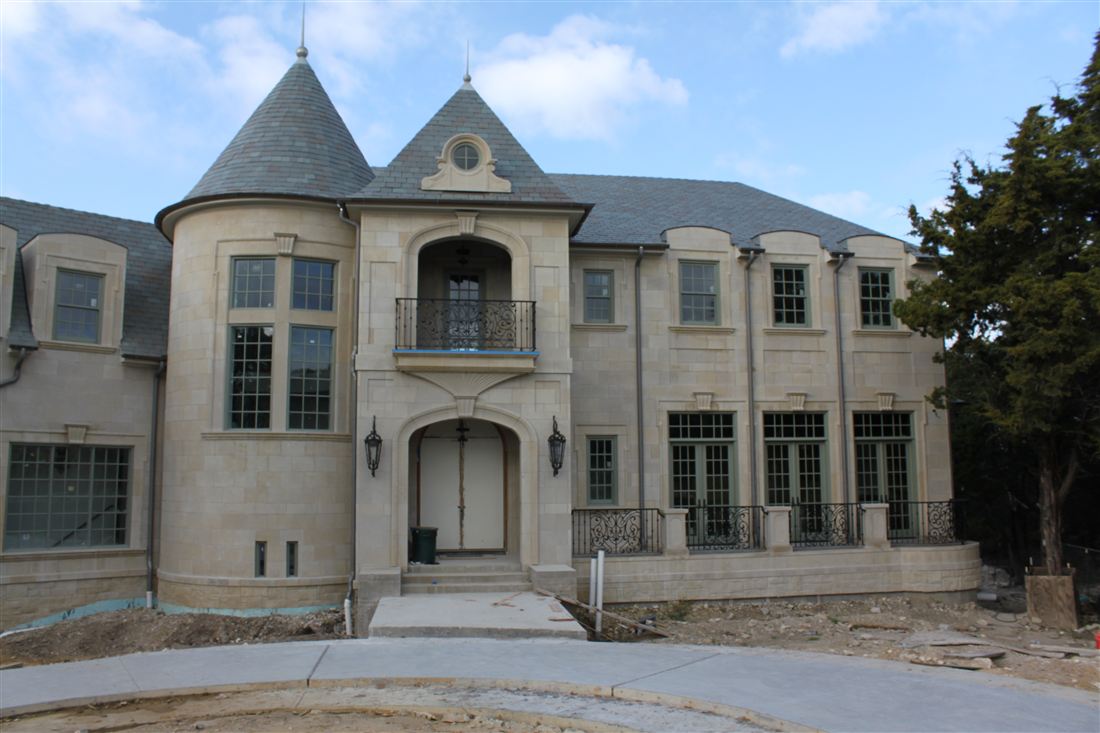 Turret and rear elevation, limestone under slate