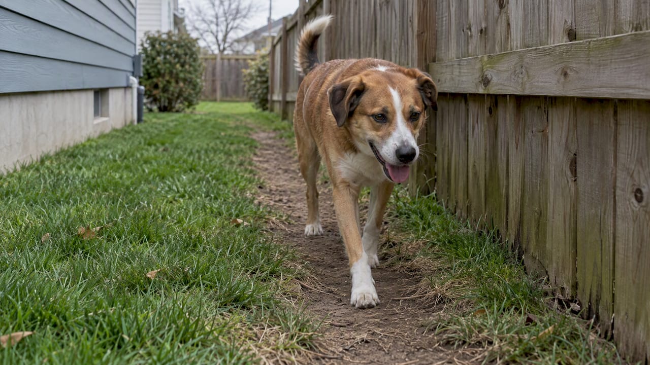 Dog following a worn path beside fence