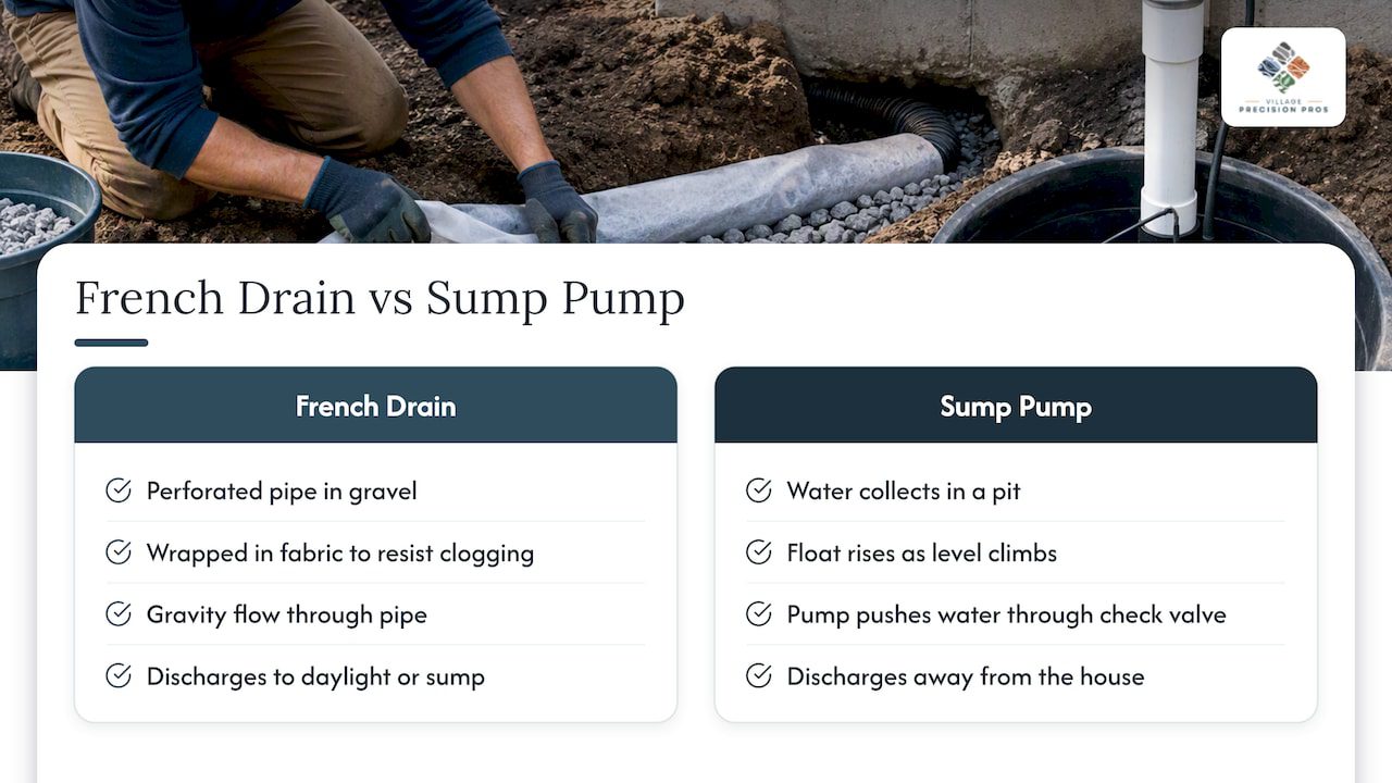 French drain and sump pump flow comparison