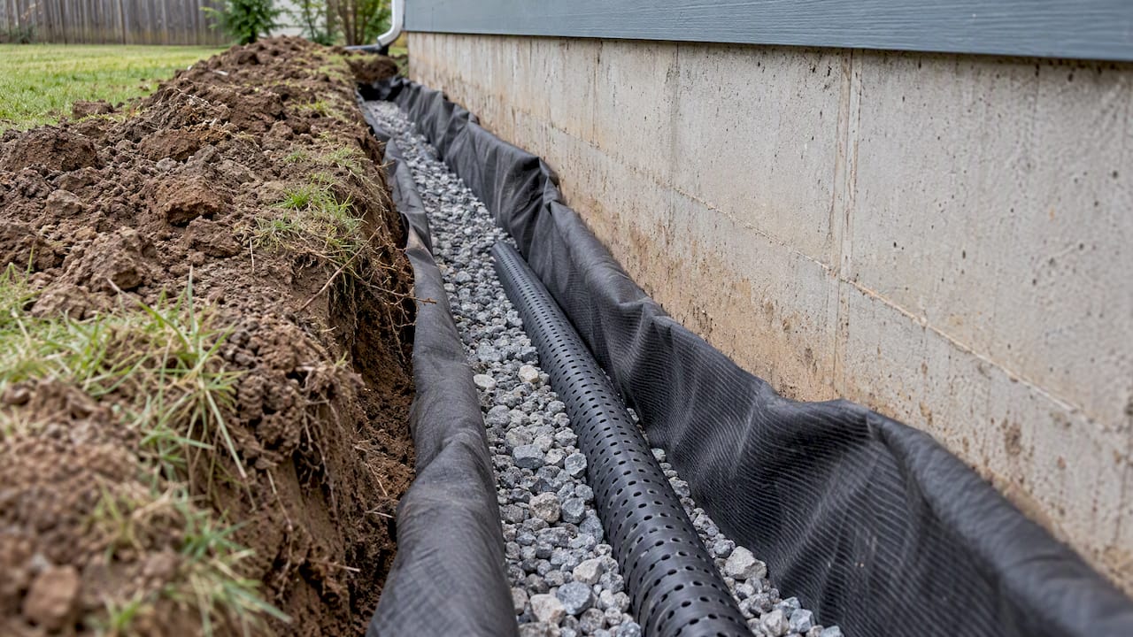 Exterior trench with French drain materials
