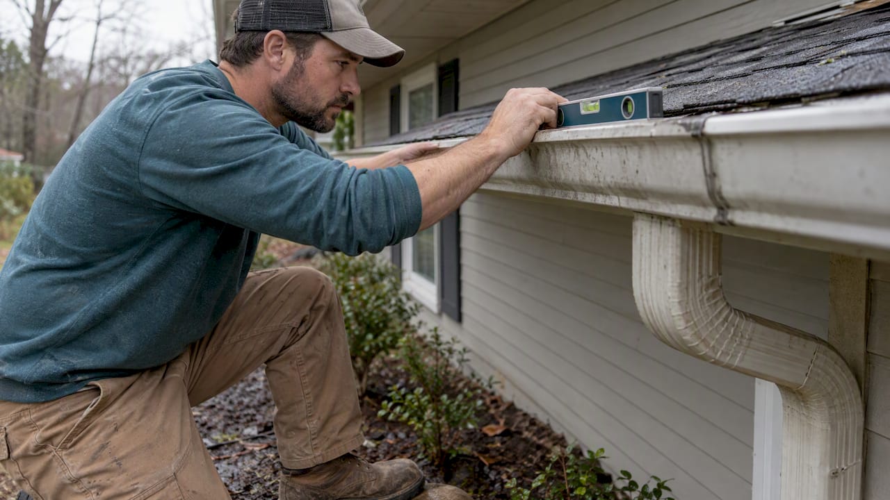 Landscaper checking residential gutter pitch