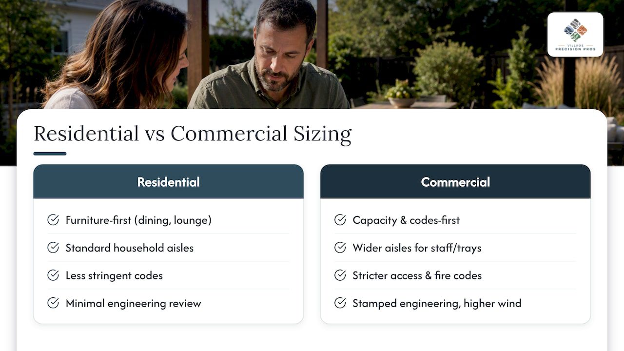 Residential and commercial pergola sizing comparison