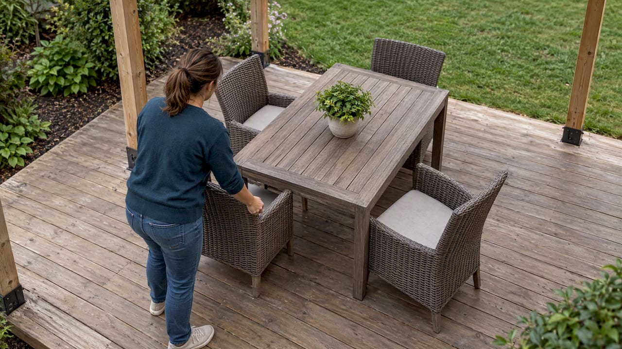 Dining furniture arranged beneath a pergola