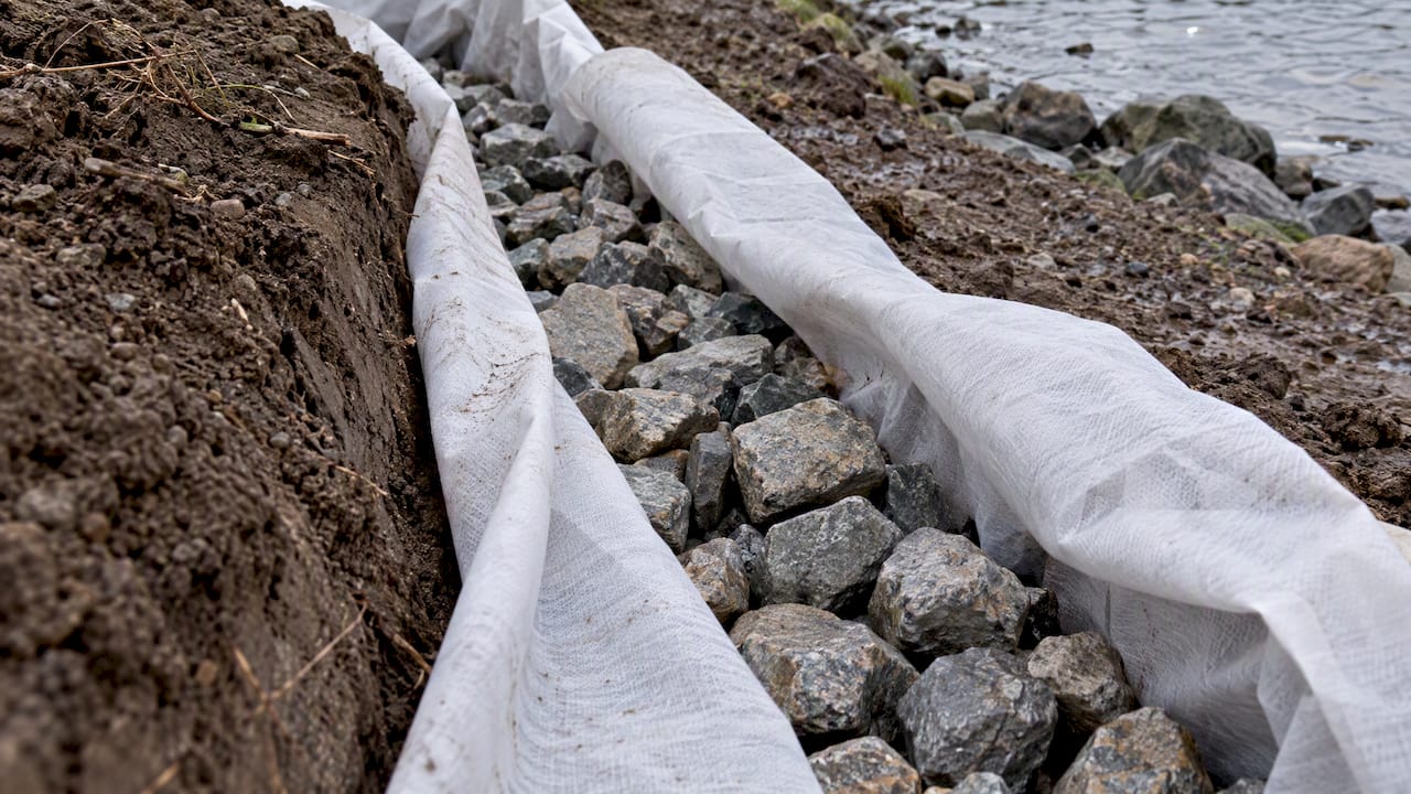 Clean stone wrapped in drainage fabric