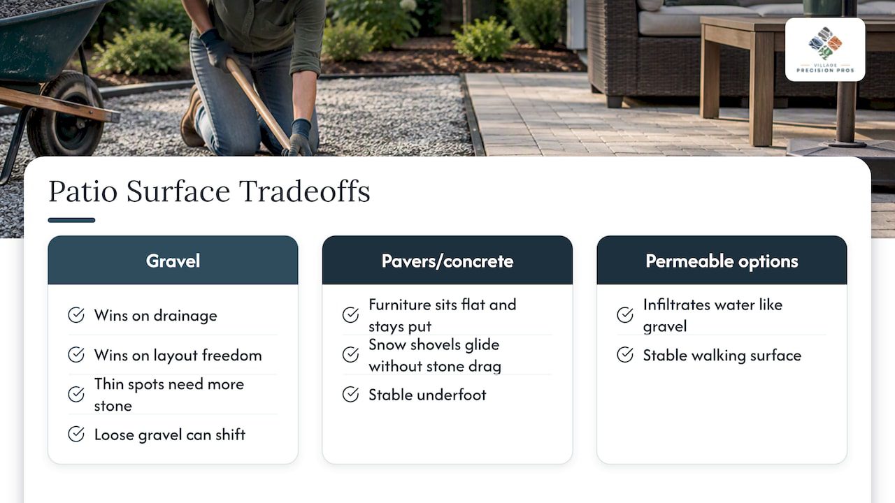 Gravel and firm patio surface tradeoffs