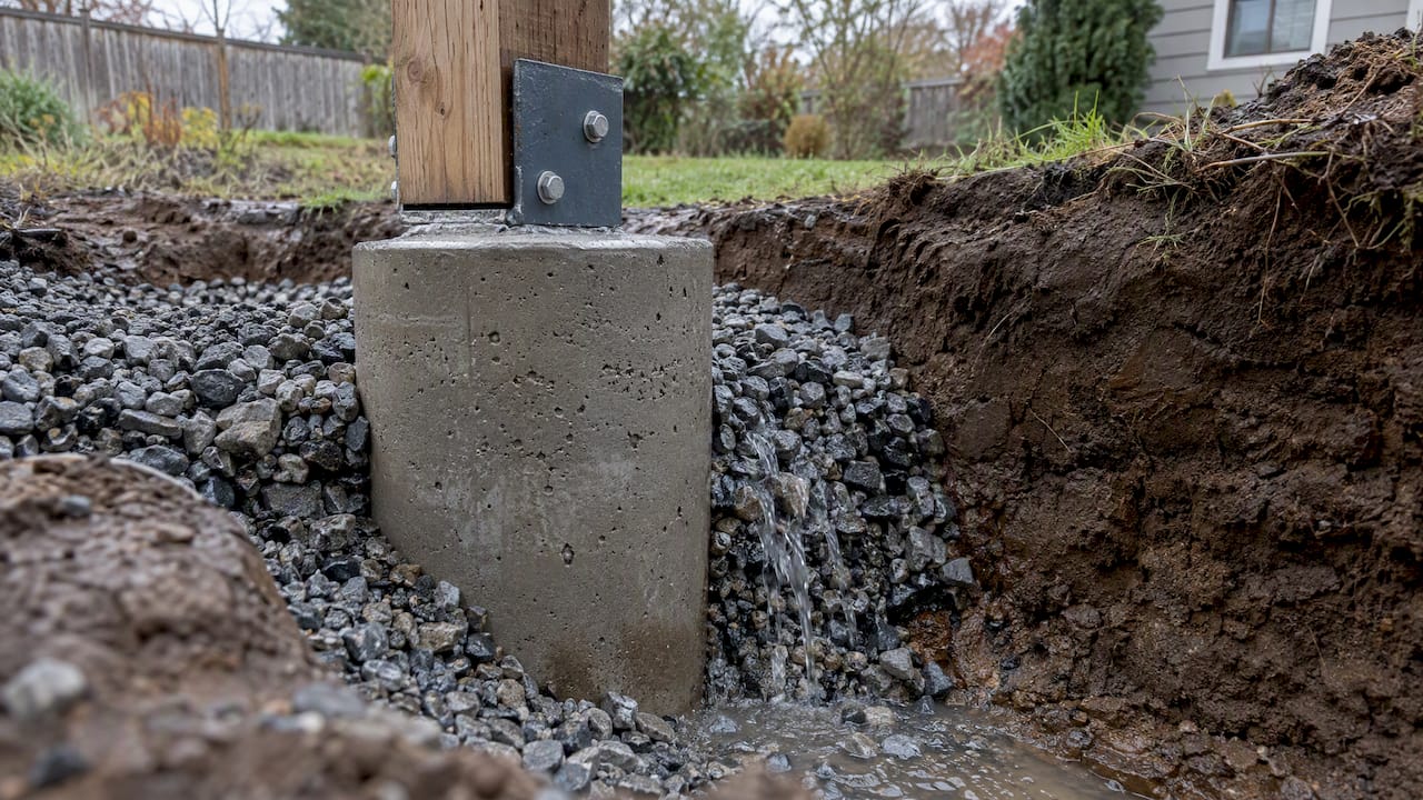 Concrete pier surrounded by draining gravel backfill