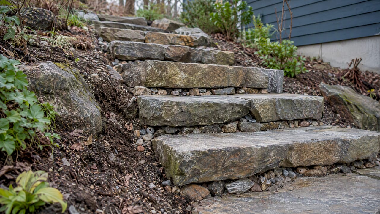Dry laid stone steps with open joints