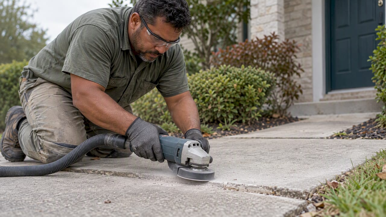Worker grinding a raised sidewalk joint