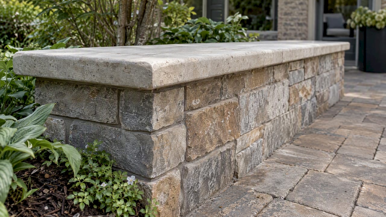 Pale rounded cap on a patio seat wall